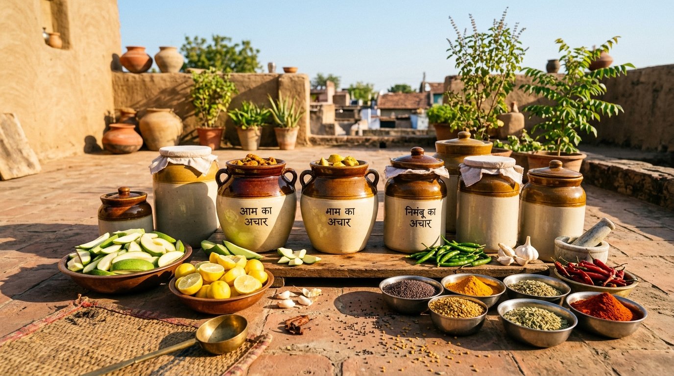 Traditional Ceramic Pickle Barnis on sunlit terrace